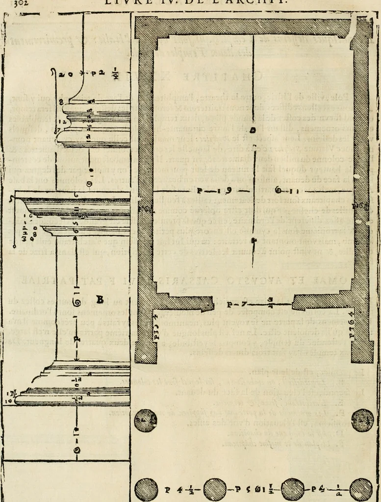 An illustration from Les quatre liures de l'architecture d'André Palladio : mis en françois : dans lesquels, après vn petit traitté des cinq ordres, auec quelques-vnes des plus necessaires obseruations pour bien bastir, il parle de la construction des maisons particulieres, des grands chemins, des ponts, des places publiques, des xystes, des basiliques, & des temples, 1650, leaf 309