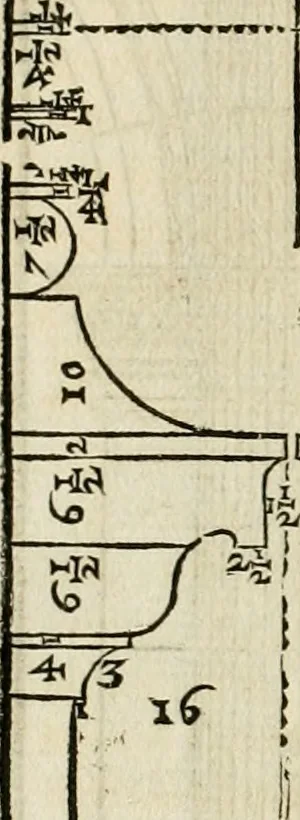 An illustration from Les quatre liures de l'architecture d'André Palladio : mis en françois : dans lesquels, après vn petit traitté des cinq ordres, auec quelques-vnes des plus necessaires obseruations pour bien bastir, il parle de la construction des maisons particulieres, des grands chemins, des ponts, des places publiques, des xystes, des basiliques, & des temples, 1650, leaf 31