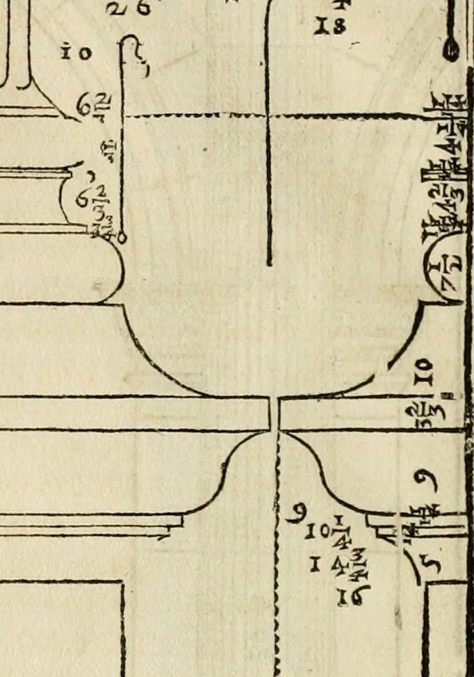 An illustration from Les quatre liures de l'architecture d'André Palladio : mis en françois : dans lesquels, après vn petit traitté des cinq ordres, auec quelques-vnes des plus necessaires obseruations pour bien bastir, il parle de la construction des maisons particulieres, des grands chemins, des ponts, des places publiques, des xystes, des basiliques, & des temples, 1650, leaf 31