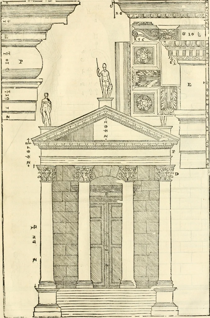 An illustration from Les quatre liures de l'architecture d'André Palladio : mis en françois : dans lesquels, après vn petit traitté des cinq ordres, auec quelques-vnes des plus necessaires obseruations pour bien bastir, il parle de la construction des maisons particulieres, des grands chemins, des ponts, des places publiques, des xystes, des basiliques, & des temples, 1650, leaf 310