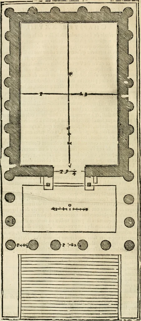 An illustration from Les quatre liures de l'architecture d'André Palladio : mis en françois : dans lesquels, après vn petit traitté des cinq ordres, auec quelques-vnes des plus necessaires obseruations pour bien bastir, il parle de la construction des maisons particulieres, des grands chemins, des ponts, des places publiques, des xystes, des basiliques, & des temples, 1650, leaf 313