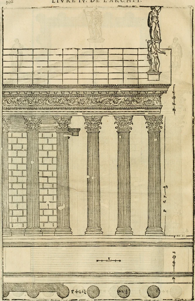 An illustration from Les quatre liures de l'architecture d'André Palladio : mis en françois : dans lesquels, après vn petit traitté des cinq ordres, auec quelques-vnes des plus necessaires obseruations pour bien bastir, il parle de la construction des maisons particulieres, des grands chemins, des ponts, des places publiques, des xystes, des basiliques, & des temples, 1650, leaf 315