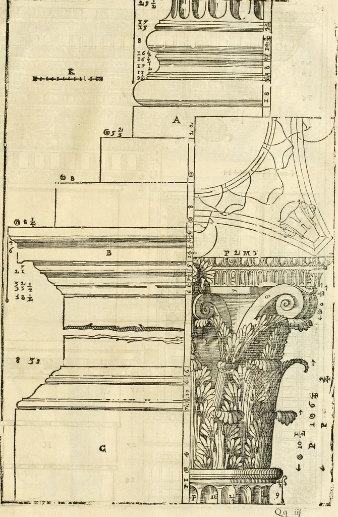 An illustration from Les quatre liures de l'architecture d'André Palladio : mis en françois : dans lesquels, après vn petit traitté des cinq ordres, auec quelques-vnes des plus necessaires obseruations pour bien bastir, il parle de la construction des maisons particulieres, des grands chemins, des ponts, des places publiques, des xystes, des basiliques, & des temples, 1650, leaf 316