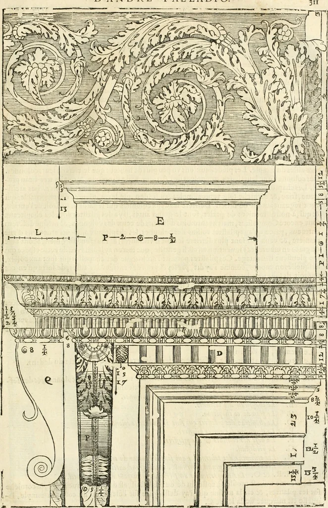 An illustration from Les quatre liures de l'architecture d'André Palladio : mis en françois : dans lesquels, après vn petit traitté des cinq ordres, auec quelques-vnes des plus necessaires obseruations pour bien bastir, il parle de la construction des maisons particulieres, des grands chemins, des ponts, des places publiques, des xystes, des basiliques, & des temples, 1650, leaf 318