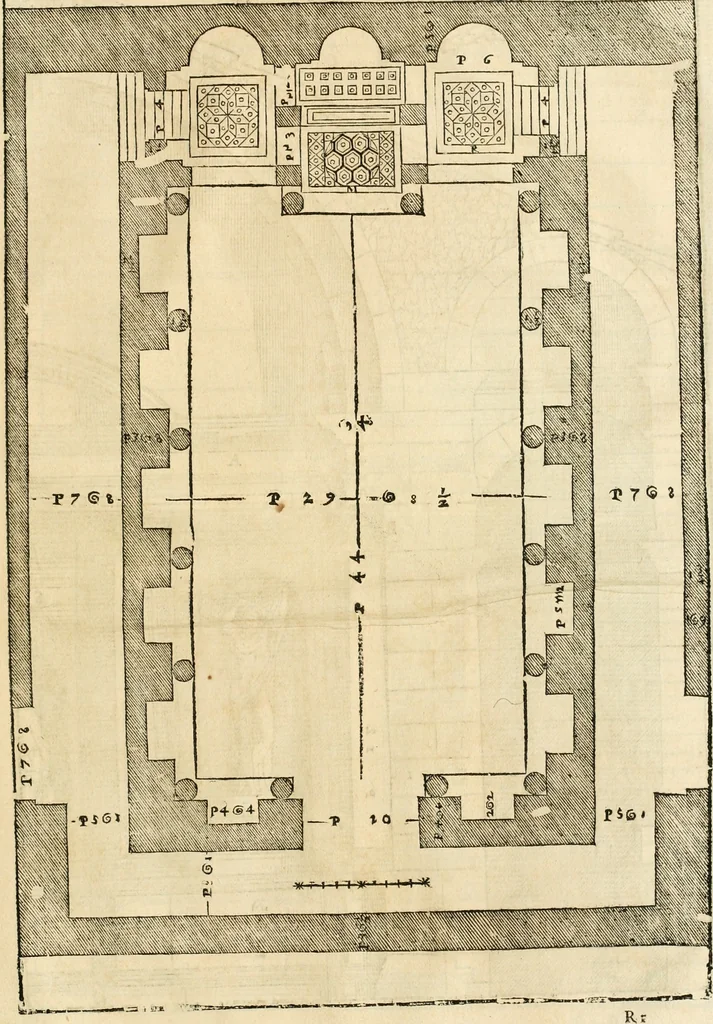 An illustration from Les quatre liures de l'architecture d'André Palladio : mis en françois : dans lesquels, après vn petit traitté des cinq ordres, auec quelques-vnes des plus necessaires obseruations pour bien bastir, il parle de la construction des maisons particulieres, des grands chemins, des ponts, des places publiques, des xystes, des basiliques, & des temples, 1650, leaf 320