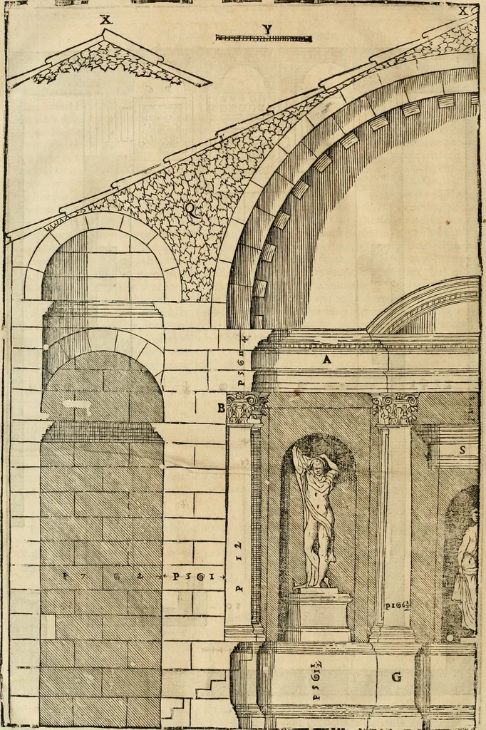 An illustration from Les quatre liures de l'architecture d'André Palladio : mis en françois : dans lesquels, après vn petit traitté des cinq ordres, auec quelques-vnes des plus necessaires obseruations pour bien bastir, il parle de la construction des maisons particulieres, des grands chemins, des ponts, des places publiques, des xystes, des basiliques, & des temples, 1650, leaf 321