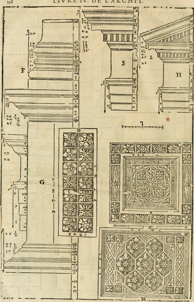 An illustration from Les quatre liures de l'architecture d'André Palladio : mis en françois : dans lesquels, après vn petit traitté des cinq ordres, auec quelques-vnes des plus necessaires obseruations pour bien bastir, il parle de la construction des maisons particulieres, des grands chemins, des ponts, des places publiques, des xystes, des basiliques, & des temples, 1650, leaf 323