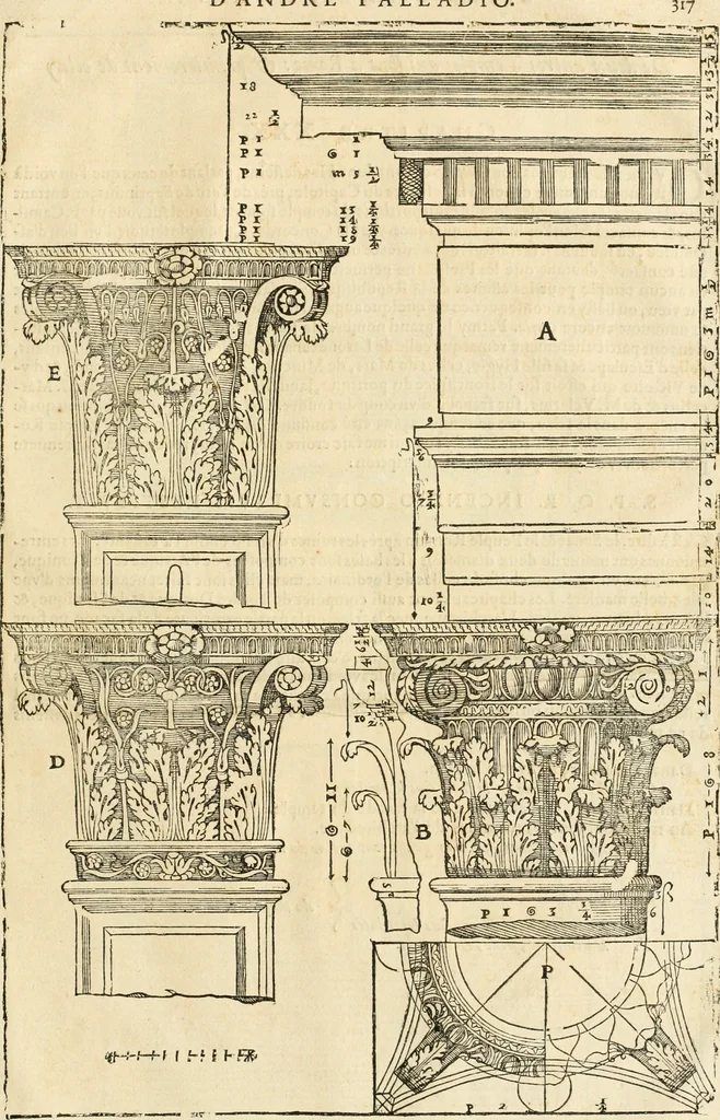 An illustration from Les quatre liures de l'architecture d'André Palladio : mis en françois : dans lesquels, après vn petit traitté des cinq ordres, auec quelques-vnes des plus necessaires obseruations pour bien bastir, il parle de la construction des maisons particulieres, des grands chemins, des ponts, des places publiques, des xystes, des basiliques, & des temples, 1650, leaf 324