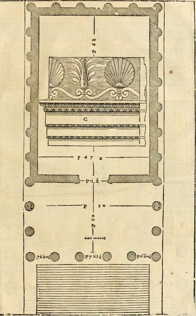 An illustration from Les quatre liures de l'architecture d'André Palladio : mis en françois : dans lesquels, après vn petit traitté des cinq ordres, auec quelques-vnes des plus necessaires obseruations pour bien bastir, il parle de la construction des maisons particulieres, des grands chemins, des ponts, des places publiques, des xystes, des basiliques, & des temples, 1650, leaf 326