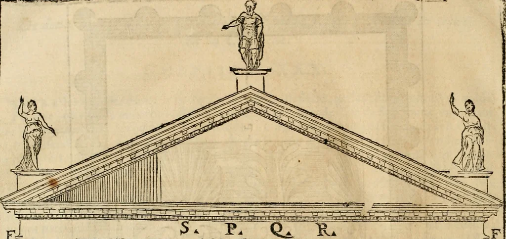 An illustration from Les quatre liures de l'architecture d'André Palladio : mis en françois : dans lesquels, après vn petit traitté des cinq ordres, auec quelques-vnes des plus necessaires obseruations pour bien bastir, il parle de la construction des maisons particulieres, des grands chemins, des ponts, des places publiques, des xystes, des basiliques, & des temples, 1650, leaf 327