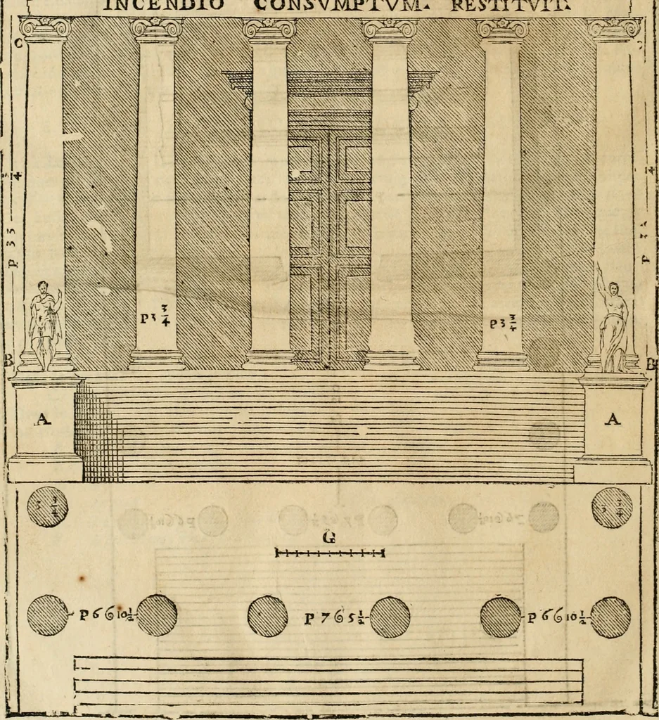 An illustration from Les quatre liures de l'architecture d'André Palladio : mis en françois : dans lesquels, après vn petit traitté des cinq ordres, auec quelques-vnes des plus necessaires obseruations pour bien bastir, il parle de la construction des maisons particulieres, des grands chemins, des ponts, des places publiques, des xystes, des basiliques, & des temples, 1650, leaf 327