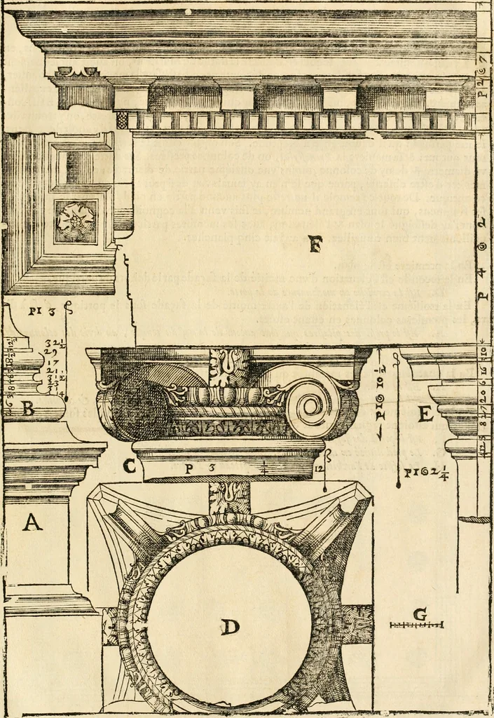 An illustration from Les quatre liures de l'architecture d'André Palladio : mis en françois : dans lesquels, après vn petit traitté des cinq ordres, auec quelques-vnes des plus necessaires obseruations pour bien bastir, il parle de la construction des maisons particulieres, des grands chemins, des ponts, des places publiques, des xystes, des basiliques, & des temples, 1650, leaf 328