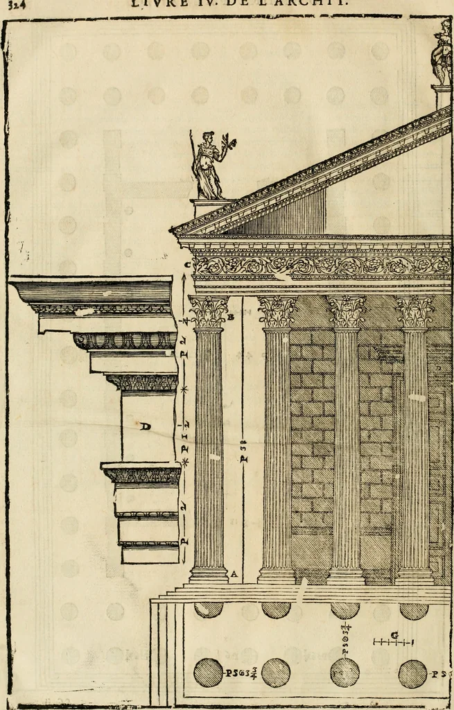 An illustration from Les quatre liures de l'architecture d'André Palladio : mis en françois : dans lesquels, après vn petit traitté des cinq ordres, auec quelques-vnes des plus necessaires obseruations pour bien bastir, il parle de la construction des maisons particulieres, des grands chemins, des ponts, des places publiques, des xystes, des basiliques, & des temples, 1650, leaf 331