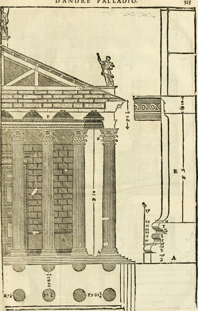 An illustration from Les quatre liures de l'architecture d'André Palladio : mis en françois : dans lesquels, après vn petit traitté des cinq ordres, auec quelques-vnes des plus necessaires obseruations pour bien bastir, il parle de la construction des maisons particulieres, des grands chemins, des ponts, des places publiques, des xystes, des basiliques, & des temples, 1650, leaf 332