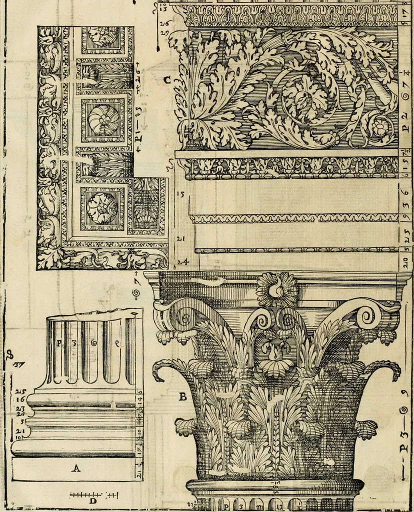 An illustration from Les quatre liures de l'architecture d'André Palladio : mis en françois : dans lesquels, après vn petit traitté des cinq ordres, auec quelques-vnes des plus necessaires obseruations pour bien bastir, il parle de la construction des maisons particulieres, des grands chemins, des ponts, des places publiques, des xystes, des basiliques, & des temples, 1650, leaf 333