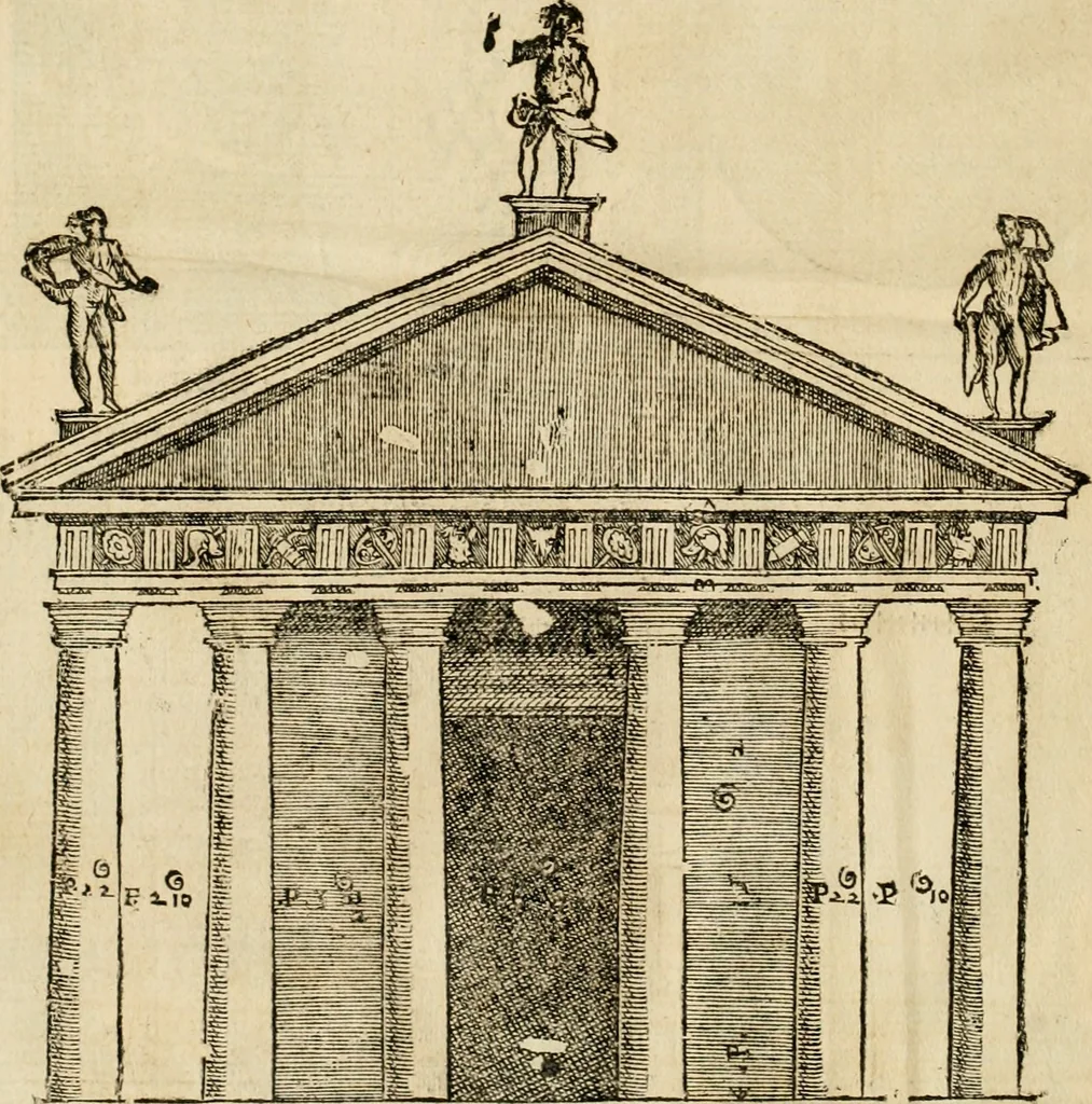 An illustration from Les quatre liures de l'architecture d'André Palladio : mis en françois : dans lesquels, après vn petit traitté des cinq ordres, auec quelques-vnes des plus necessaires obseruations pour bien bastir, il parle de la construction des maisons particulieres, des grands chemins, des ponts, des places publiques, des xystes, des basiliques, & des temples, 1650, leaf 335