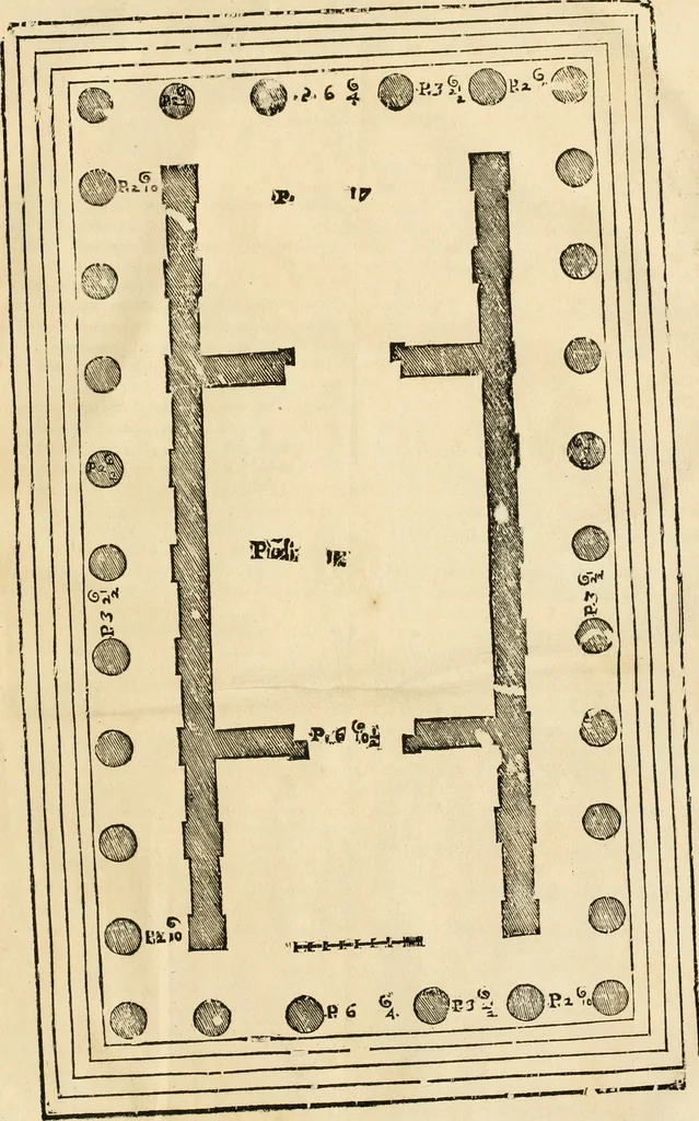 An illustration from Les quatre liures de l'architecture d'André Palladio : mis en françois : dans lesquels, après vn petit traitté des cinq ordres, auec quelques-vnes des plus necessaires obseruations pour bien bastir, il parle de la construction des maisons particulieres, des grands chemins, des ponts, des places publiques, des xystes, des basiliques, & des temples, 1650, leaf 336