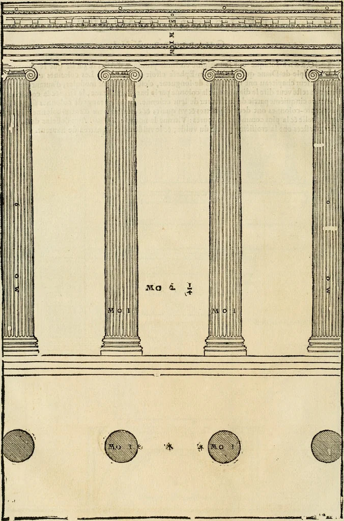 An illustration from Les quatre liures de l'architecture d'André Palladio : mis en françois : dans lesquels, après vn petit traitté des cinq ordres, auec quelques-vnes des plus necessaires obseruations pour bien bastir, il parle de la construction des maisons particulieres, des grands chemins, des ponts, des places publiques, des xystes, des basiliques, & des temples, 1650, leaf 35