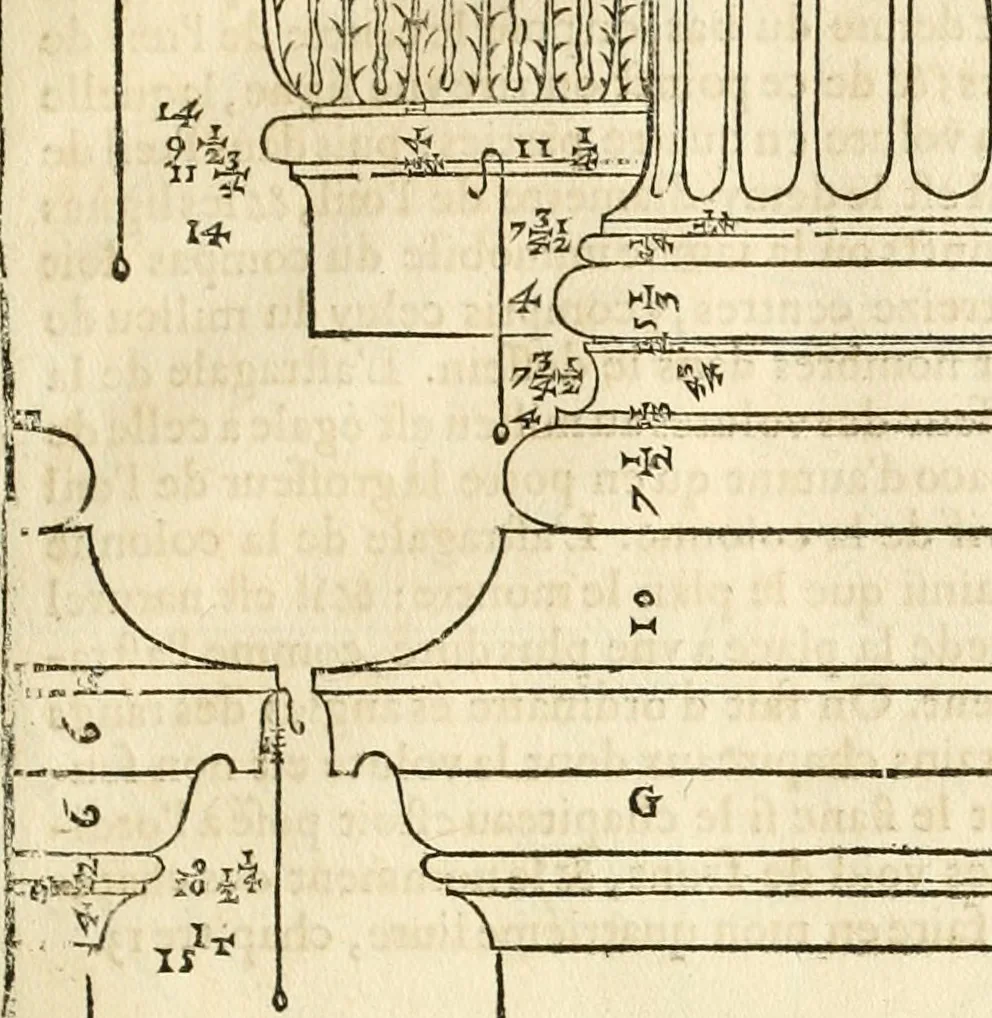 An illustration from Les quatre liures de l'architecture d'André Palladio : mis en françois : dans lesquels, après vn petit traitté des cinq ordres, auec quelques-vnes des plus necessaires obseruations pour bien bastir, il parle de la construction des maisons particulieres, des grands chemins, des ponts, des places publiques, des xystes, des basiliques, & des temples, 1650, leaf 38