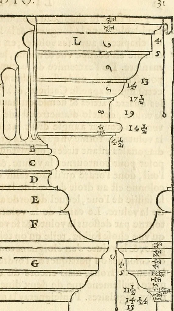 An illustration from Les quatre liures de l'architecture d'André Palladio : mis en françois : dans lesquels, après vn petit traitté des cinq ordres, auec quelques-vnes des plus necessaires obseruations pour bien bastir, il parle de la construction des maisons particulieres, des grands chemins, des ponts, des places publiques, des xystes, des basiliques, & des temples, 1650, leaf 38