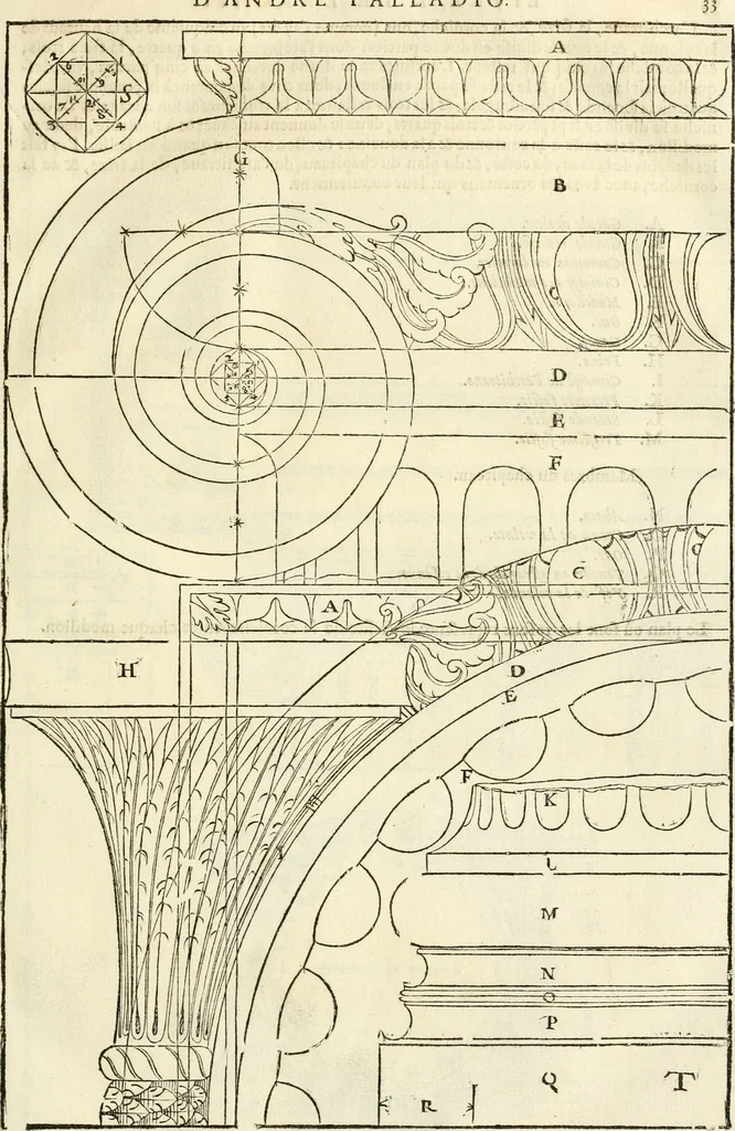 An illustration from Les quatre liures de l'architecture d'André Palladio : mis en françois : dans lesquels, après vn petit traitté des cinq ordres, auec quelques-vnes des plus necessaires obseruations pour bien bastir, il parle de la construction des maisons particulieres, des grands chemins, des ponts, des places publiques, des xystes, des basiliques, & des temples, 1650, leaf 40