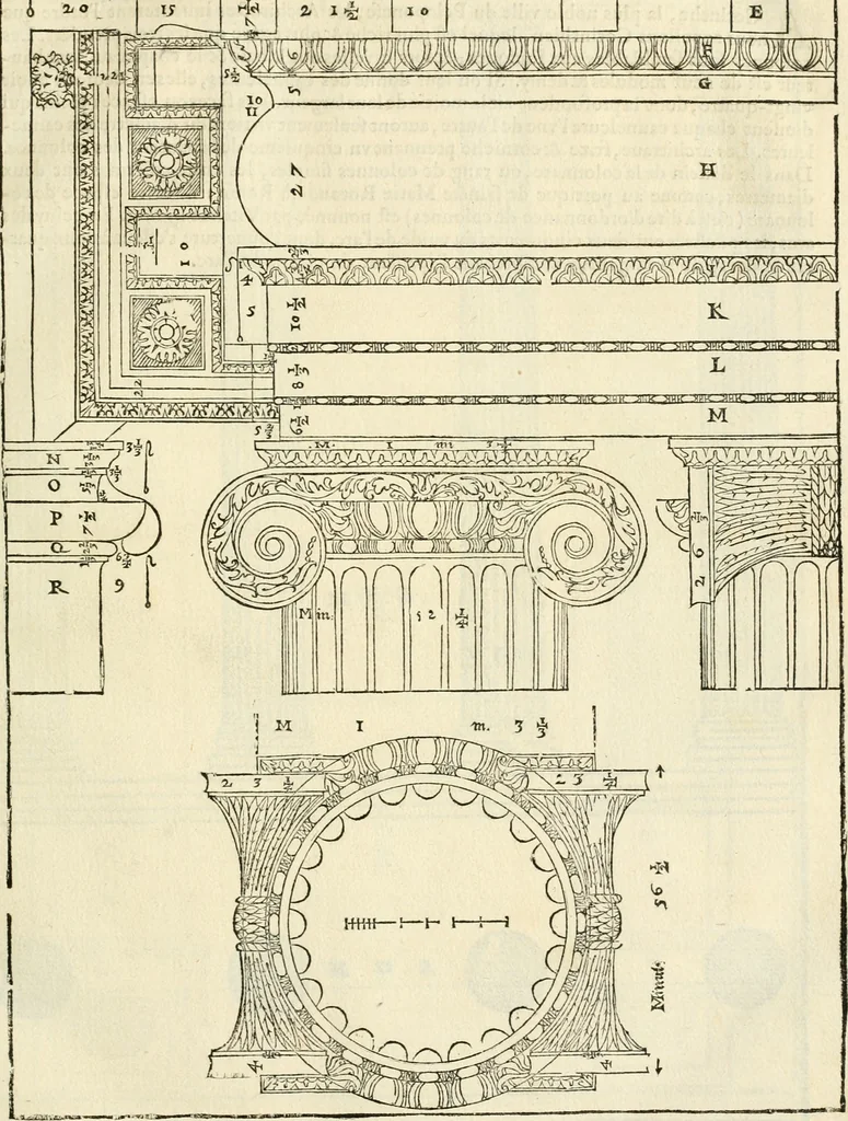 An illustration from Les quatre liures de l'architecture d'André Palladio : mis en françois : dans lesquels, après vn petit traitté des cinq ordres, auec quelques-vnes des plus necessaires obseruations pour bien bastir, il parle de la construction des maisons particulieres, des grands chemins, des ponts, des places publiques, des xystes, des basiliques, & des temples, 1650, leaf 42