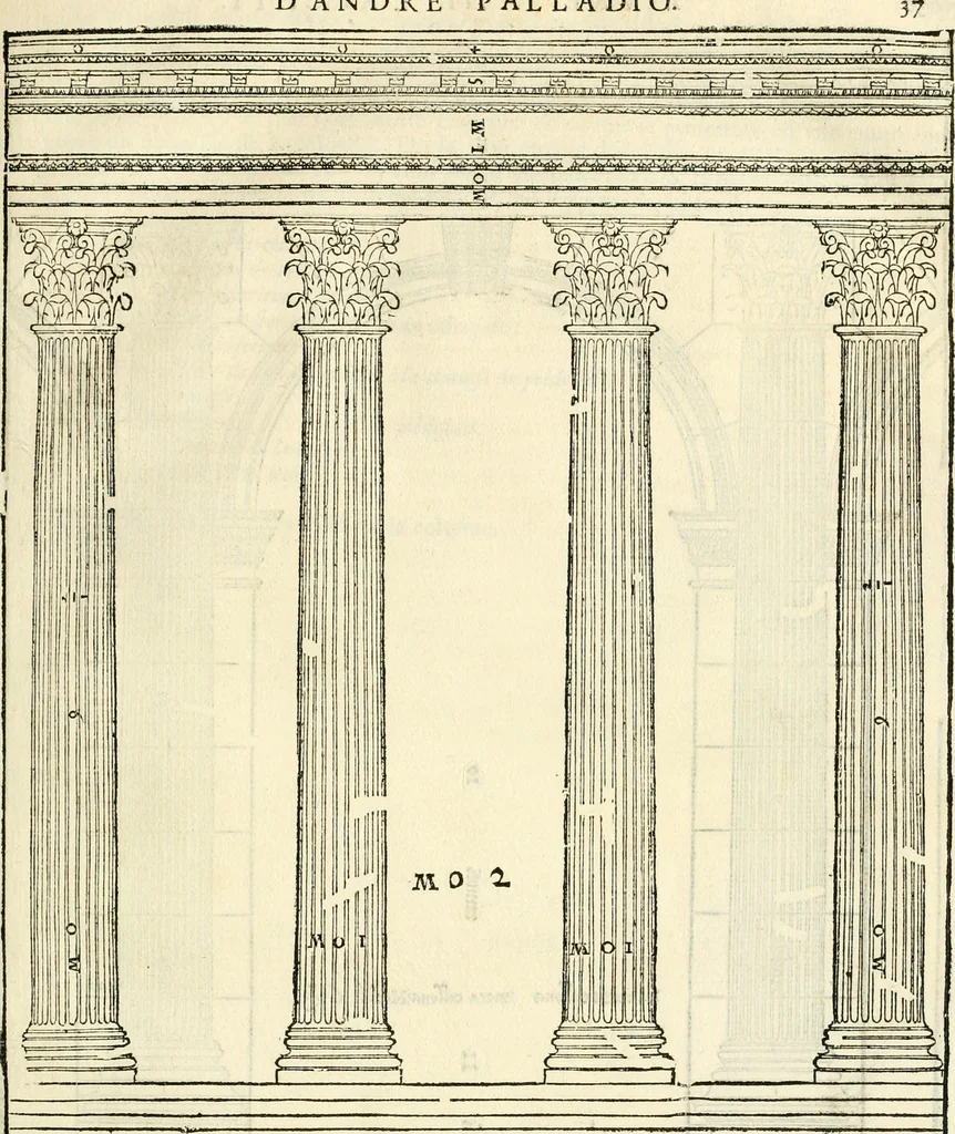 An illustration from Les quatre liures de l'architecture d'André Palladio : mis en françois : dans lesquels, après vn petit traitté des cinq ordres, auec quelques-vnes des plus necessaires obseruations pour bien bastir, il parle de la construction des maisons particulieres, des grands chemins, des ponts, des places publiques, des xystes, des basiliques, & des temples, 1650, leaf 44