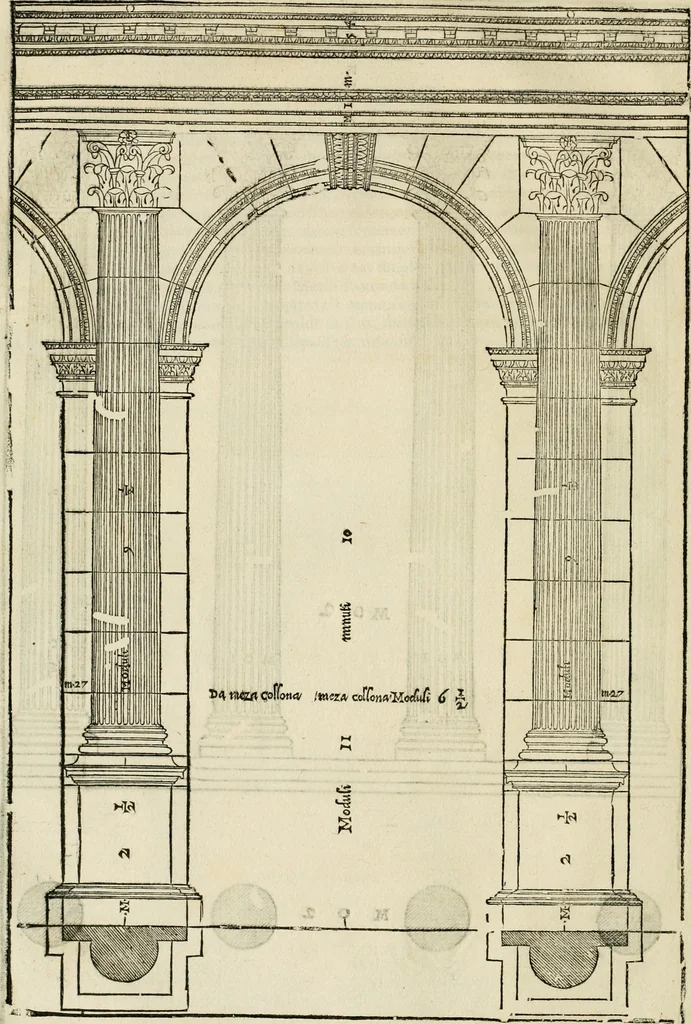 An illustration from Les quatre liures de l'architecture d'André Palladio : mis en françois : dans lesquels, après vn petit traitté des cinq ordres, auec quelques-vnes des plus necessaires obseruations pour bien bastir, il parle de la construction des maisons particulieres, des grands chemins, des ponts, des places publiques, des xystes, des basiliques, & des temples, 1650, leaf 45