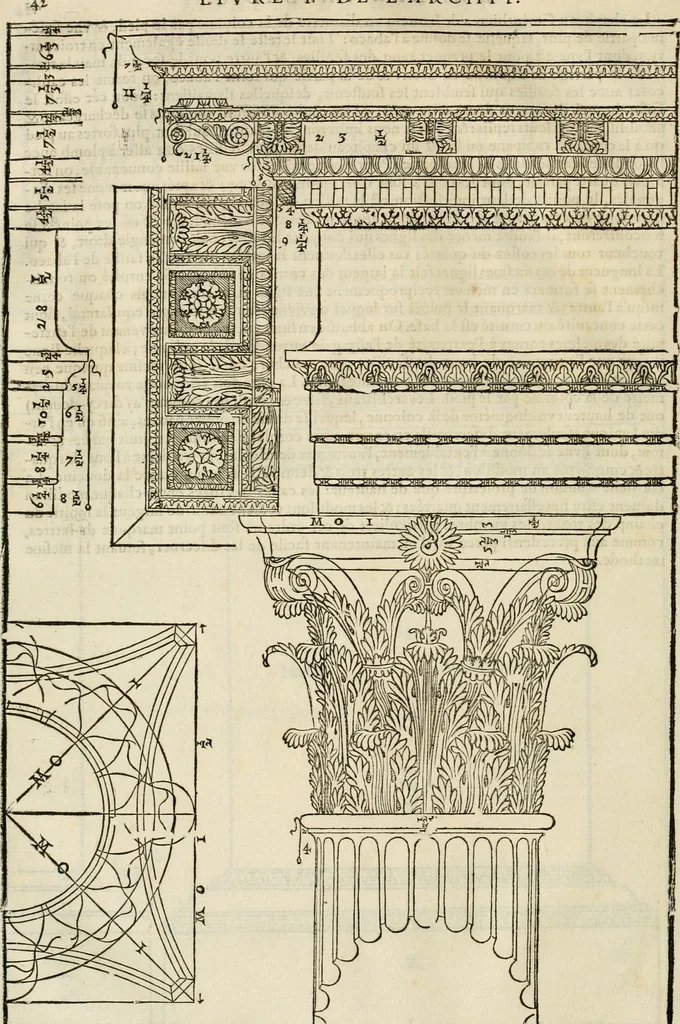 An illustration from Les quatre liures de l'architecture d'André Palladio : mis en françois : dans lesquels, après vn petit traitté des cinq ordres, auec quelques-vnes des plus necessaires obseruations pour bien bastir, il parle de la construction des maisons particulieres, des grands chemins, des ponts, des places publiques, des xystes, des basiliques, & des temples, 1650, leaf 49