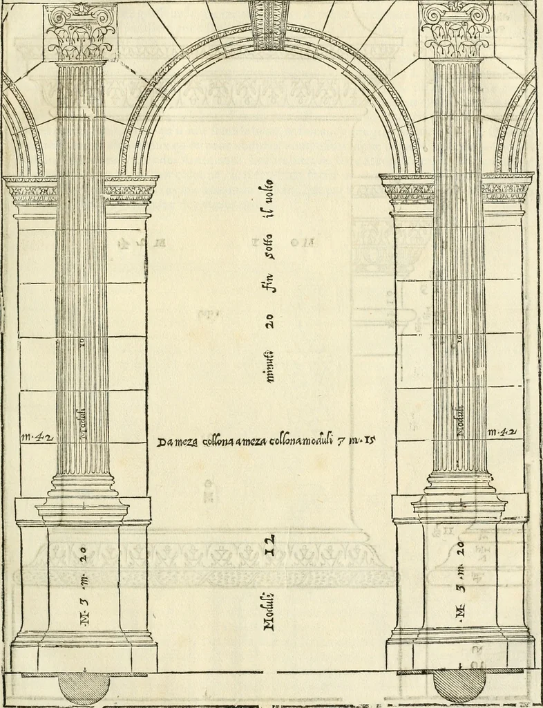 An illustration from Les quatre liures de l'architecture d'André Palladio : mis en françois : dans lesquels, après vn petit traitté des cinq ordres, auec quelques-vnes des plus necessaires obseruations pour bien bastir, il parle de la construction des maisons particulieres, des grands chemins, des ponts, des places publiques, des xystes, des basiliques, & des temples, 1650, leaf 52