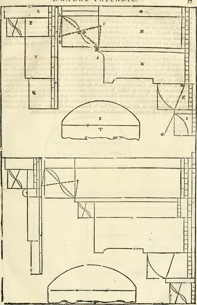 An illustration from Les quatre liures de l'architecture d'André Palladio : mis en françois : dans lesquels, après vn petit traitté des cinq ordres, auec quelques-vnes des plus necessaires obseruations pour bien bastir, il parle de la construction des maisons particulieres, des grands chemins, des ponts, des places publiques, des xystes, des basiliques, & des temples, 1650, leaf 64