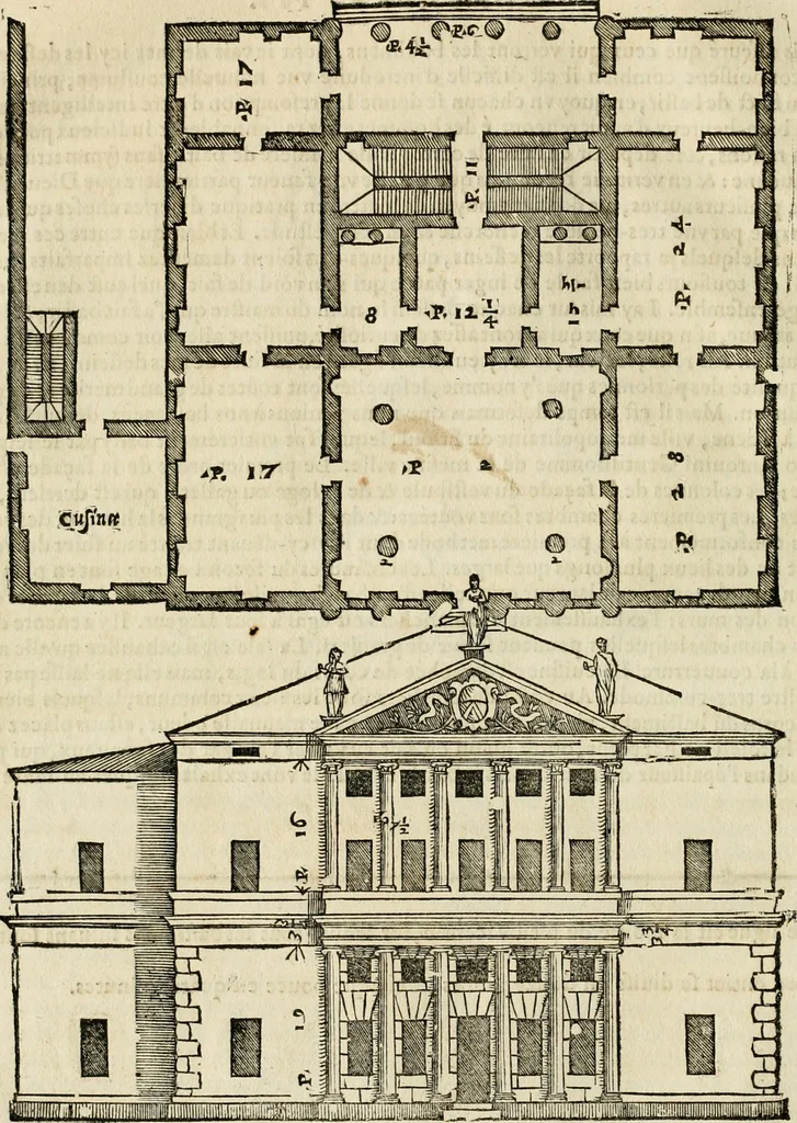An illustration from Les quatre liures de l'architecture d'André Palladio : mis en françois : dans lesquels, après vn petit traitté des cinq ordres, auec quelques-vnes des plus necessaires obseruations pour bien bastir, il parle de la construction des maisons particulieres, des grands chemins, des ponts, des places publiques, des xystes, des basiliques, & des temples, 1650, leaf 81