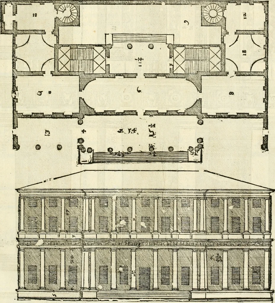 An illustration from Les quatre liures de l'architecture d'André Palladio : mis en françois : dans lesquels, après vn petit traitté des cinq ordres, auec quelques-vnes des plus necessaires obseruations pour bien bastir, il parle de la construction des maisons particulieres, des grands chemins, des ponts, des places publiques, des xystes, des basiliques, & des temples, 1650, leaf 82