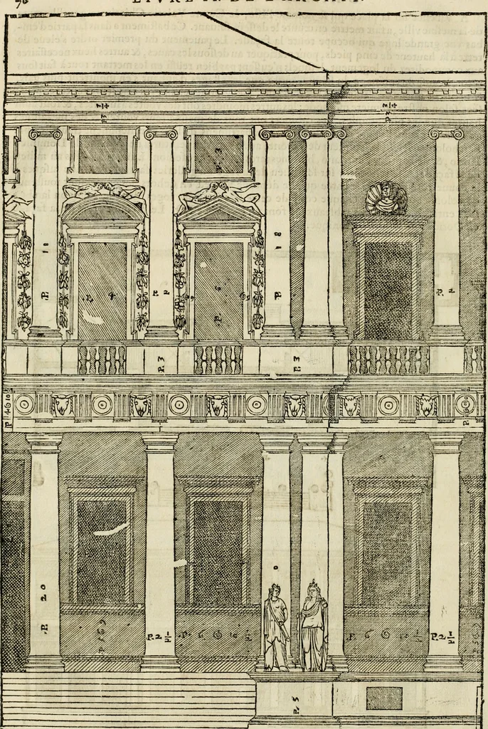 An illustration from Les quatre liures de l'architecture d'André Palladio : mis en françois : dans lesquels, après vn petit traitté des cinq ordres, auec quelques-vnes des plus necessaires obseruations pour bien bastir, il parle de la construction des maisons particulieres, des grands chemins, des ponts, des places publiques, des xystes, des basiliques, & des temples, 1650, leaf 83