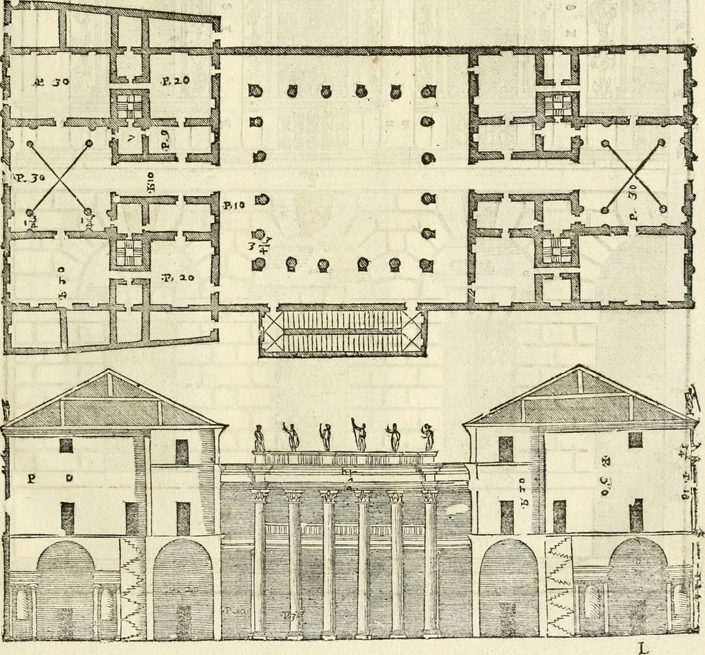 An illustration from Les quatre liures de l'architecture d'André Palladio : mis en françois : dans lesquels, après vn petit traitté des cinq ordres, auec quelques-vnes des plus necessaires obseruations pour bien bastir, il parle de la construction des maisons particulieres, des grands chemins, des ponts, des places publiques, des xystes, des basiliques, & des temples, 1650, leaf 84