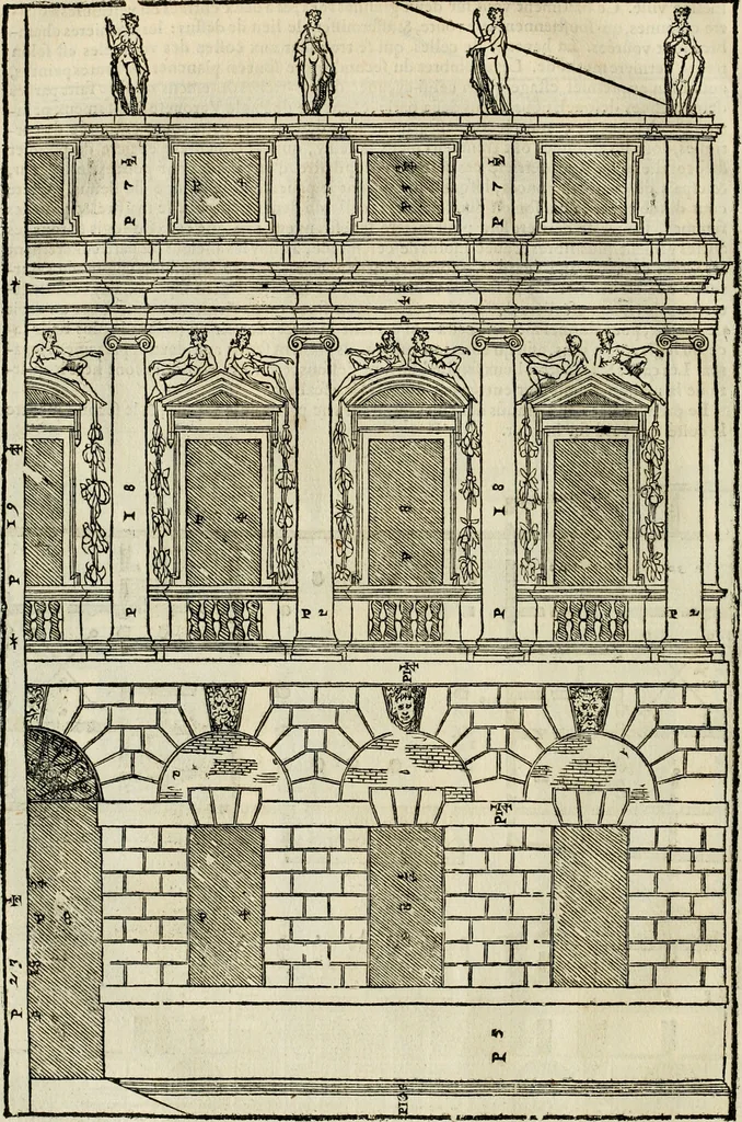 An illustration from Les quatre liures de l'architecture d'André Palladio : mis en françois : dans lesquels, après vn petit traitté des cinq ordres, auec quelques-vnes des plus necessaires obseruations pour bien bastir, il parle de la construction des maisons particulieres, des grands chemins, des ponts, des places publiques, des xystes, des basiliques, & des temples, 1650, leaf 85
