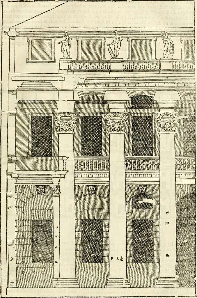 An illustration from Les quatre liures de l'architecture d'André Palladio : mis en françois : dans lesquels, après vn petit traitté des cinq ordres, auec quelques-vnes des plus necessaires obseruations pour bien bastir, il parle de la construction des maisons particulieres, des grands chemins, des ponts, des places publiques, des xystes, des basiliques, & des temples, 1650, leaf 86