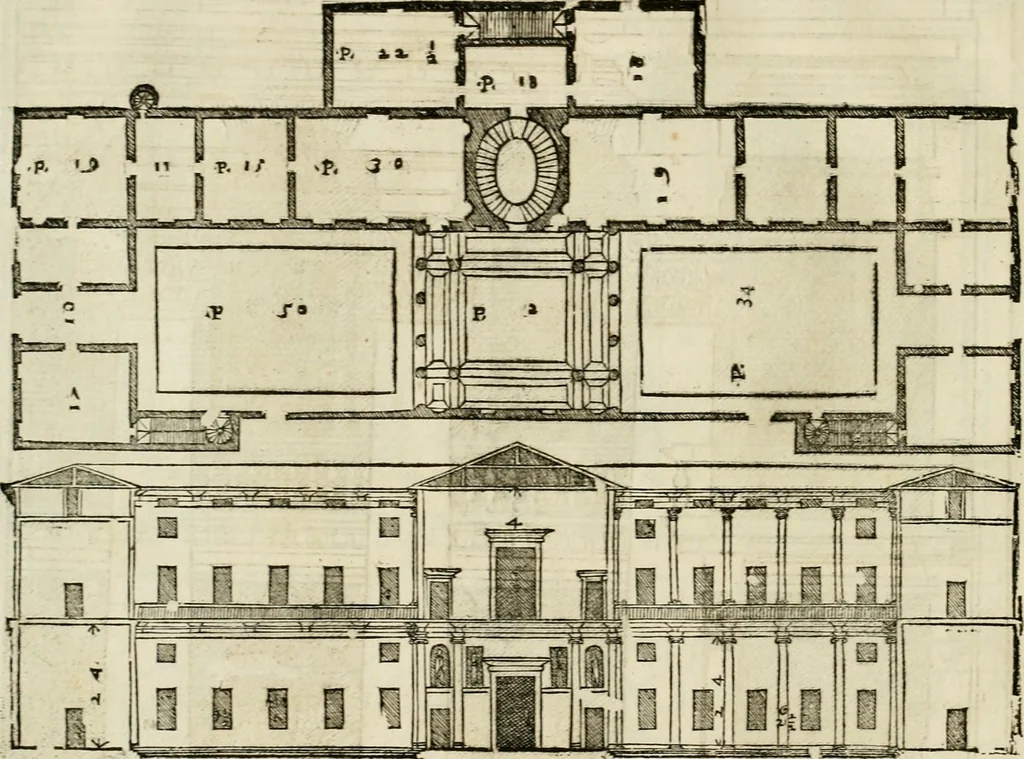 An illustration from Les quatre liures de l'architecture d'André Palladio : mis en françois : dans lesquels, après vn petit traitté des cinq ordres, auec quelques-vnes des plus necessaires obseruations pour bien bastir, il parle de la construction des maisons particulieres, des grands chemins, des ponts, des places publiques, des xystes, des basiliques, & des temples, 1650, leaf 87