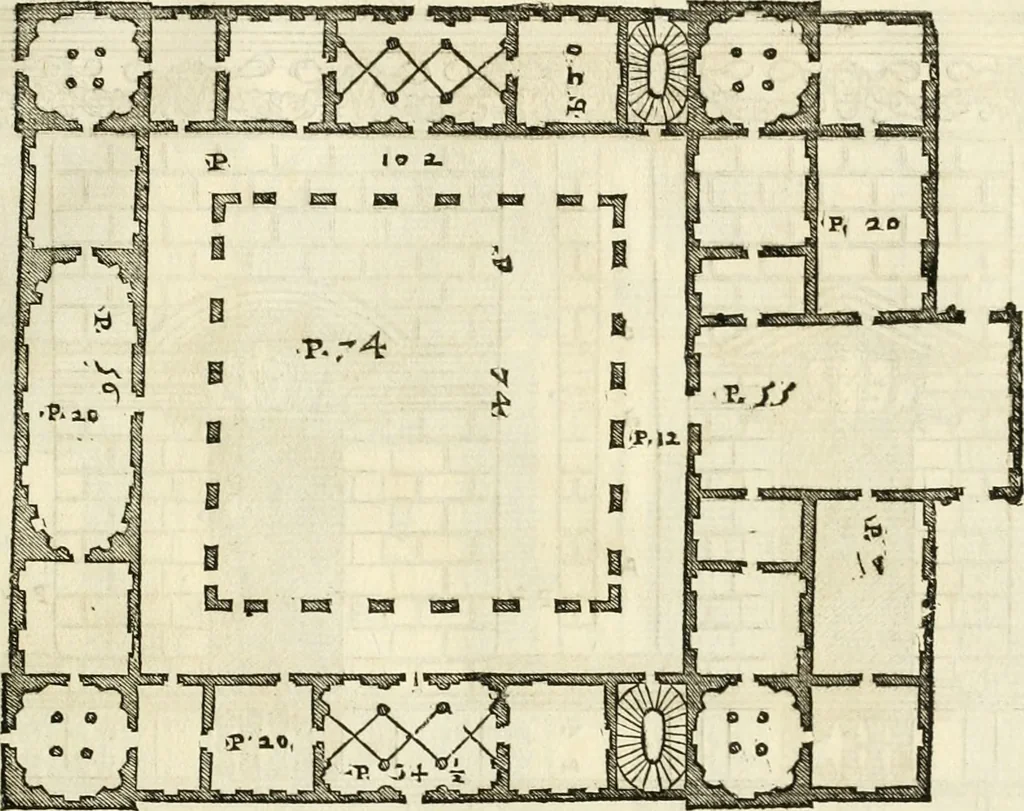 An illustration from Les quatre liures de l'architecture d'André Palladio : mis en françois : dans lesquels, après vn petit traitté des cinq ordres, auec quelques-vnes des plus necessaires obseruations pour bien bastir, il parle de la construction des maisons particulieres, des grands chemins, des ponts, des places publiques, des xystes, des basiliques, & des temples, 1650, leaf 88