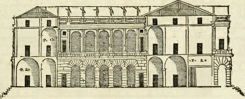An illustration from Les quatre liures de l'architecture d'André Palladio : mis en françois : dans lesquels, après vn petit traitté des cinq ordres, auec quelques-vnes des plus necessaires obseruations pour bien bastir, il parle de la construction des maisons particulieres, des grands chemins, des ponts, des places publiques, des xystes, des basiliques, & des temples, 1650, leaf 88