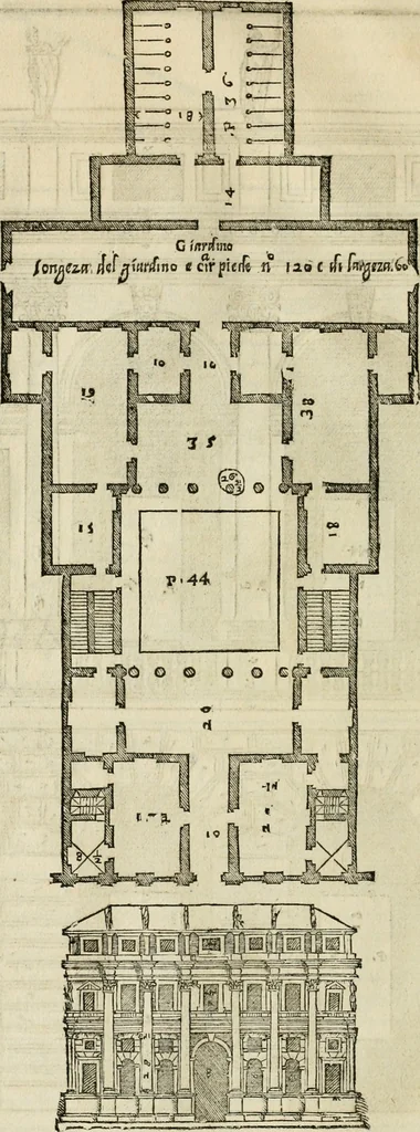 An illustration from Les quatre liures de l'architecture d'André Palladio : mis en françois : dans lesquels, après vn petit traitté des cinq ordres, auec quelques-vnes des plus necessaires obseruations pour bien bastir, il parle de la construction des maisons particulieres, des grands chemins, des ponts, des places publiques, des xystes, des basiliques, & des temples, 1650, leaf 91