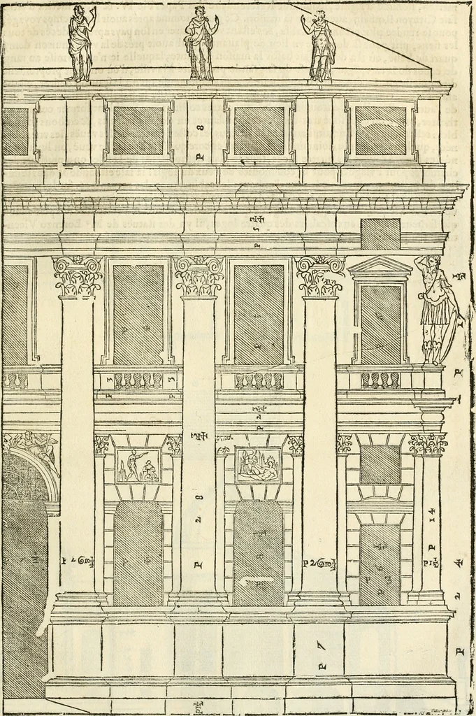 An illustration from Les quatre liures de l'architecture d'André Palladio : mis en françois : dans lesquels, après vn petit traitté des cinq ordres, auec quelques-vnes des plus necessaires obseruations pour bien bastir, il parle de la construction des maisons particulieres, des grands chemins, des ponts, des places publiques, des xystes, des basiliques, & des temples, 1650, leaf 92