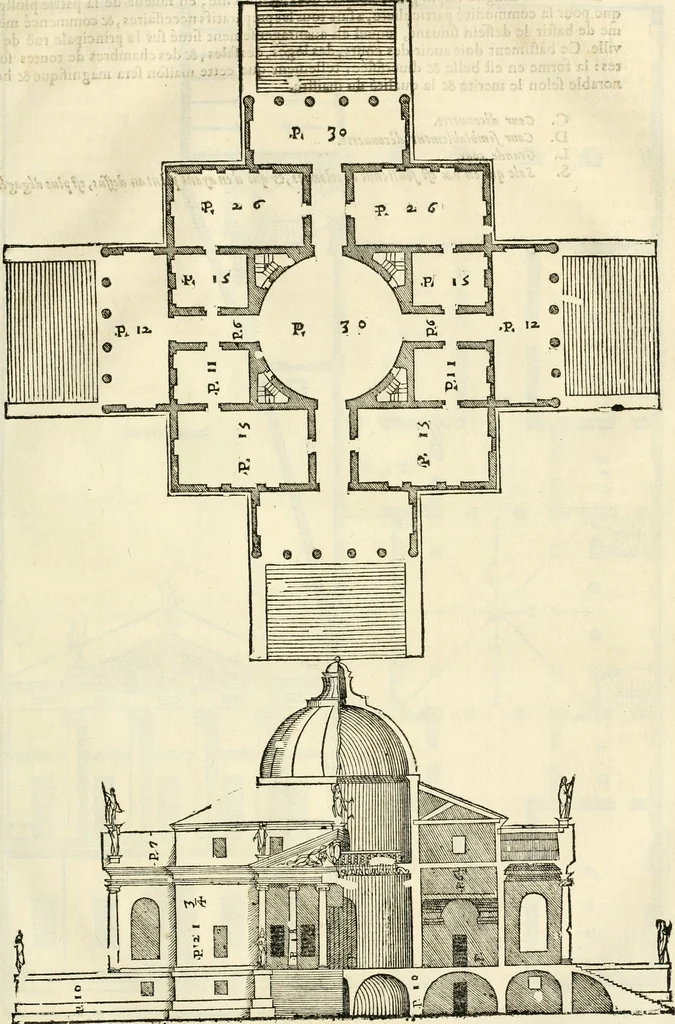 An illustration from Les quatre liures de l'architecture d'André Palladio : mis en françois : dans lesquels, après vn petit traitté des cinq ordres, auec quelques-vnes des plus necessaires obseruations pour bien bastir, il parle de la construction des maisons particulieres, des grands chemins, des ponts, des places publiques, des xystes, des basiliques, & des temples, 1650, leaf 94