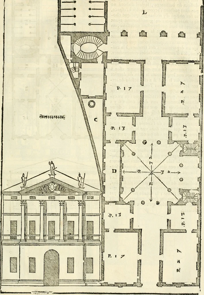 An illustration from Les quatre liures de l'architecture d'André Palladio : mis en françois : dans lesquels, après vn petit traitté des cinq ordres, auec quelques-vnes des plus necessaires obseruations pour bien bastir, il parle de la construction des maisons particulieres, des grands chemins, des ponts, des places publiques, des xystes, des basiliques, & des temples, 1650, leaf 96