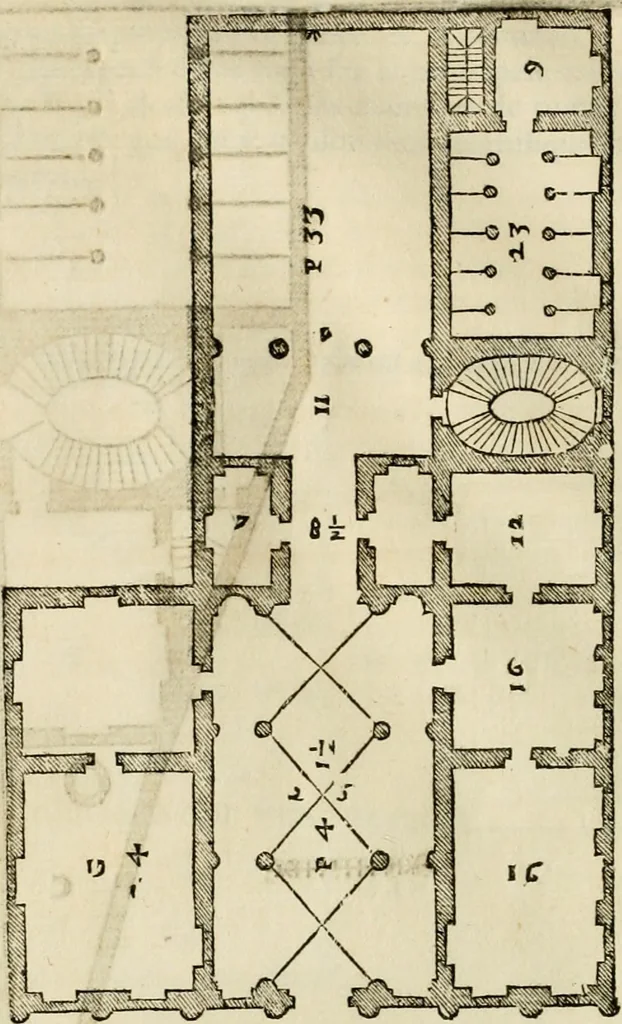 An illustration from Les quatre liures de l'architecture d'André Palladio : mis en françois : dans lesquels, après vn petit traitté des cinq ordres, auec quelques-vnes des plus necessaires obseruations pour bien bastir, il parle de la construction des maisons particulieres, des grands chemins, des ponts, des places publiques, des xystes, des basiliques, & des temples, 1650, leaf 97