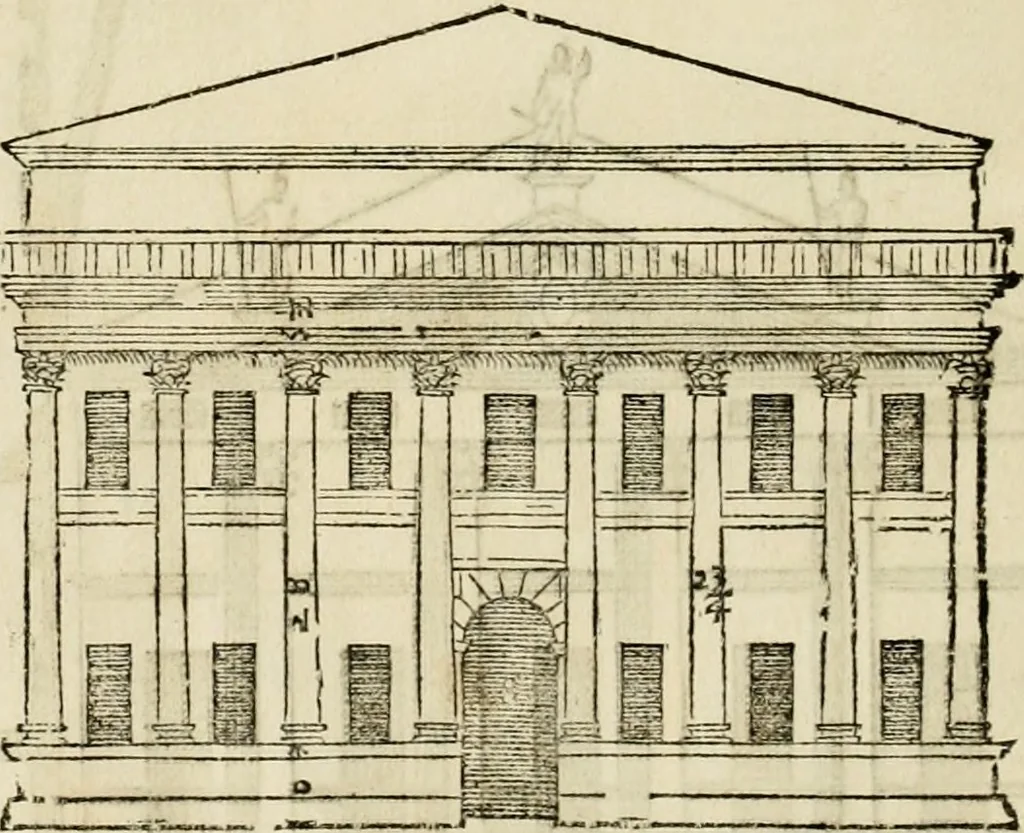 An illustration from Les quatre liures de l'architecture d'André Palladio : mis en françois : dans lesquels, après vn petit traitté des cinq ordres, auec quelques-vnes des plus necessaires obseruations pour bien bastir, il parle de la construction des maisons particulieres, des grands chemins, des ponts, des places publiques, des xystes, des basiliques, & des temples, 1650, leaf 97
