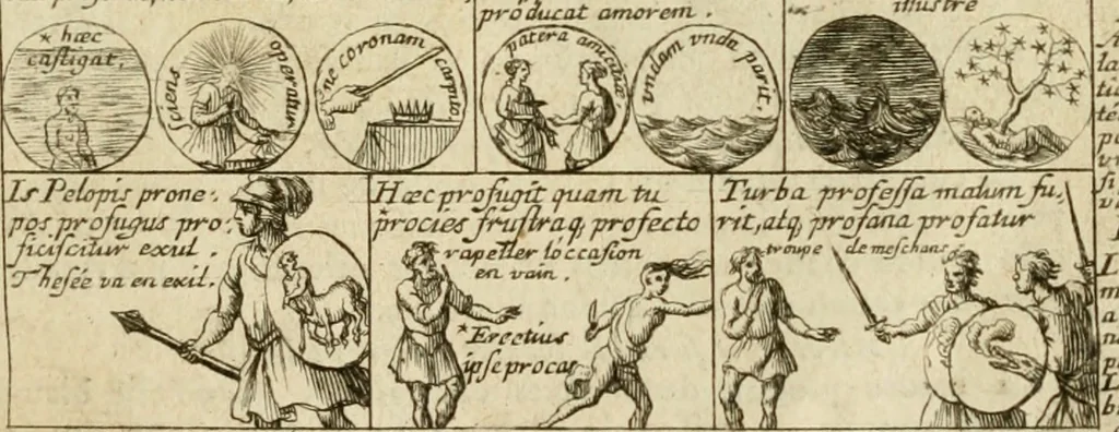 An illustration from Les qvantitez disposeés par table et par figvre en taille douce : ouvrage où on se sert utilement des lieux de rhetorique, pour rendre plus facile l'intelligence des exemples en vers latins, qui y sont employez, & confirmez par plusieurs emblêmes, devises, enigmes, fables, histoires & allusions à divers proverbes, afin de les mieux retenir, & de ne regler pas moins les murs que le jugement, 1572, leaf 14