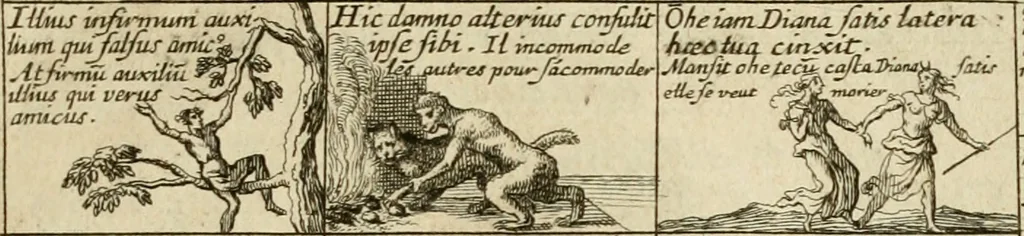 An illustration from Les qvantitez disposeés par table et par figvre en taille douce : ouvrage où on se sert utilement des lieux de rhetorique, pour rendre plus facile l'intelligence des exemples en vers latins, qui y sont employez, & confirmez par plusieurs emblêmes, devises, enigmes, fables, histoires & allusions à divers proverbes, afin de les mieux retenir, & de ne regler pas moins les murs que le jugement, 1572, leaf 14