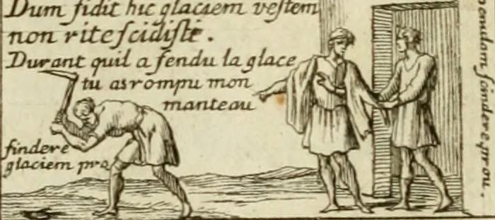 An illustration from Les qvantitez disposeés par table et par figvre en taille douce : ouvrage où on se sert utilement des lieux de rhetorique, pour rendre plus facile l'intelligence des exemples en vers latins, qui y sont employez, & confirmez par plusieurs emblêmes, devises, enigmes, fables, histoires & allusions à divers proverbes, afin de les mieux retenir, & de ne regler pas moins les murs que le jugement, 1572, leaf 18