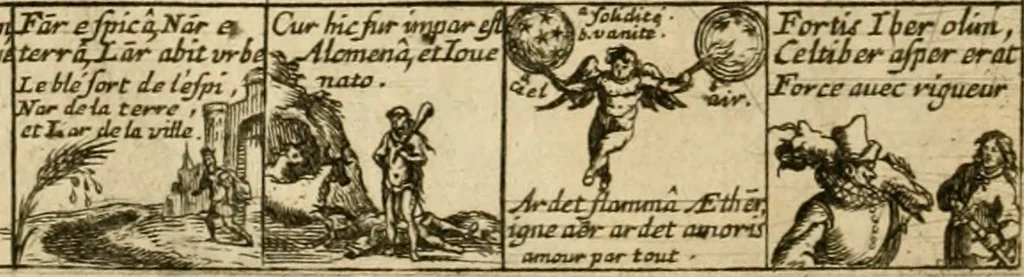 An illustration from Les qvantitez disposeés par table et par figvre en taille douce : ouvrage où on se sert utilement des lieux de rhetorique, pour rendre plus facile l'intelligence des exemples en vers latins, qui y sont employez, & confirmez par plusieurs emblêmes, devises, enigmes, fables, histoires & allusions à divers proverbes, afin de les mieux retenir, & de ne regler pas moins les murs que le jugement, 1572, leaf 41
